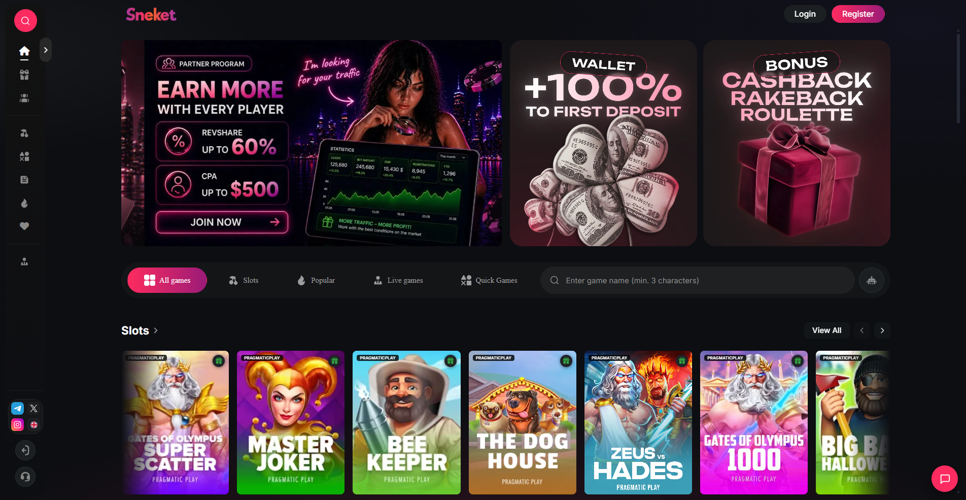 Sneket casino home page
